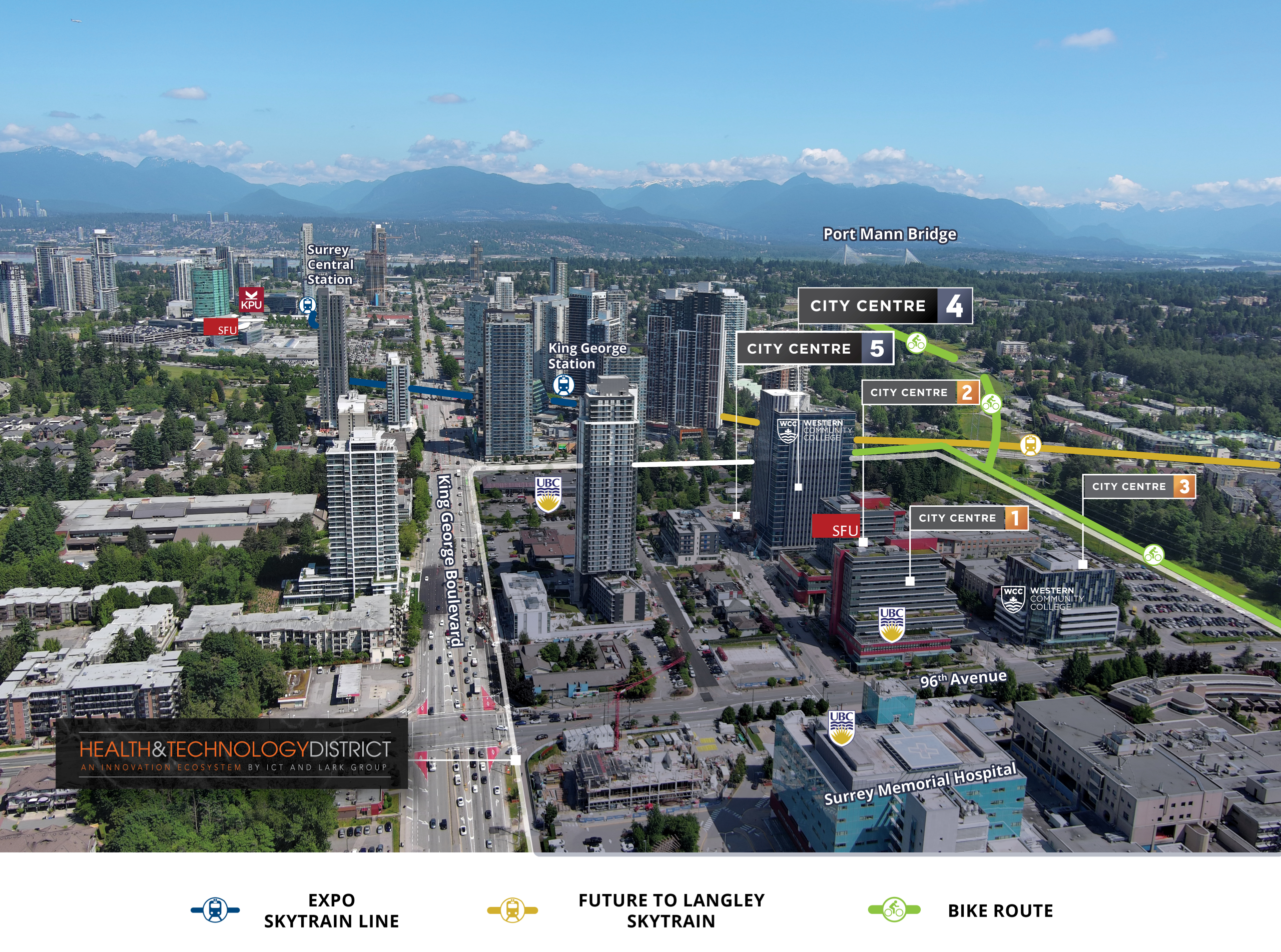 Area map showing City Centre 4 at Health and Technology District, nearby institutions, SkyTrain and bike routes